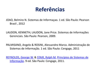 Referências
JOAO, Belmiro N. Sistemas de Informaçao. 1 ed. São Paulo: Pearson
Brasil , 2012
LAUDON, KENNETH; LAUDON, Jane Price. Sistemas de Informações
Gerenciais. São Paulo: Pearson, 2009.
PALMISANO, Angelo & ROSINI, Alessandro Marco. Administração de
Sistemas de Informação. 1 ed. São Paulo: Cengage, 2011
REYNOLDS, George W. & STAIR, Ralph M. Princípios de Sistemas de
Informação. 9 ed. São Paulo: Cengage, 2011.
 