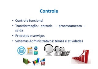 Controle
• Controle funcional
• Transformação: entrada – processamento –
saída
• Produtos e serviços• Produtos e serviços
• Sistemas Administrativos: temas e atividades
 