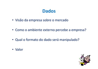 Dados
• Visão da empresa sobre o mercado
• Como o ambiente externo percebe a empresa?
• Qual o formato do dado será manipulado?
• Valor
 