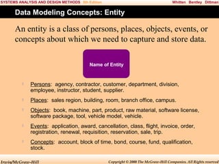 SYSTEMS ANALYSIS AND DESIGN METHODS 5th Edition

Whitten Bentley Dittman

Data Modeling Concepts: Entity

An entity is a class of persons, places, objects, events, or
concepts about which we need to capture and store data.
Name of Entity



Persons: agency, contractor, customer, department, division,
employee, instructor, student, supplier.



Places: sales region, building, room, branch office, campus.



Objects: book, machine, part, product, raw material, software license,
software package, tool, vehicle model, vehicle.



Events: application, award, cancellation, class, flight, invoice, order,
registration, renewal, requisition, reservation, sale, trip.



Concepts: account, block of time, bond, course, fund, qualification,
stock.

Irwin/McGraw-Hill

Copyright © 2000 The McGraw-Hill Companies. All Rights reserved

 