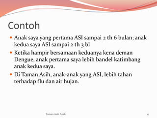 Contoh
 Anak saya yang pertama ASI sampai 2 th 6 bulan; anak
kedua saya ASI sampai 2 th 3 bl
 Ketika hampir bersamaan keduanya kena deman
Dengue, anak pertama saya lebih bandel katimbang
anak kedua saya.
 Di Taman Asih, anak-anak yang ASI, lebih tahan
terhadap flu dan air hujan.
12Taman Asih Anak
 
