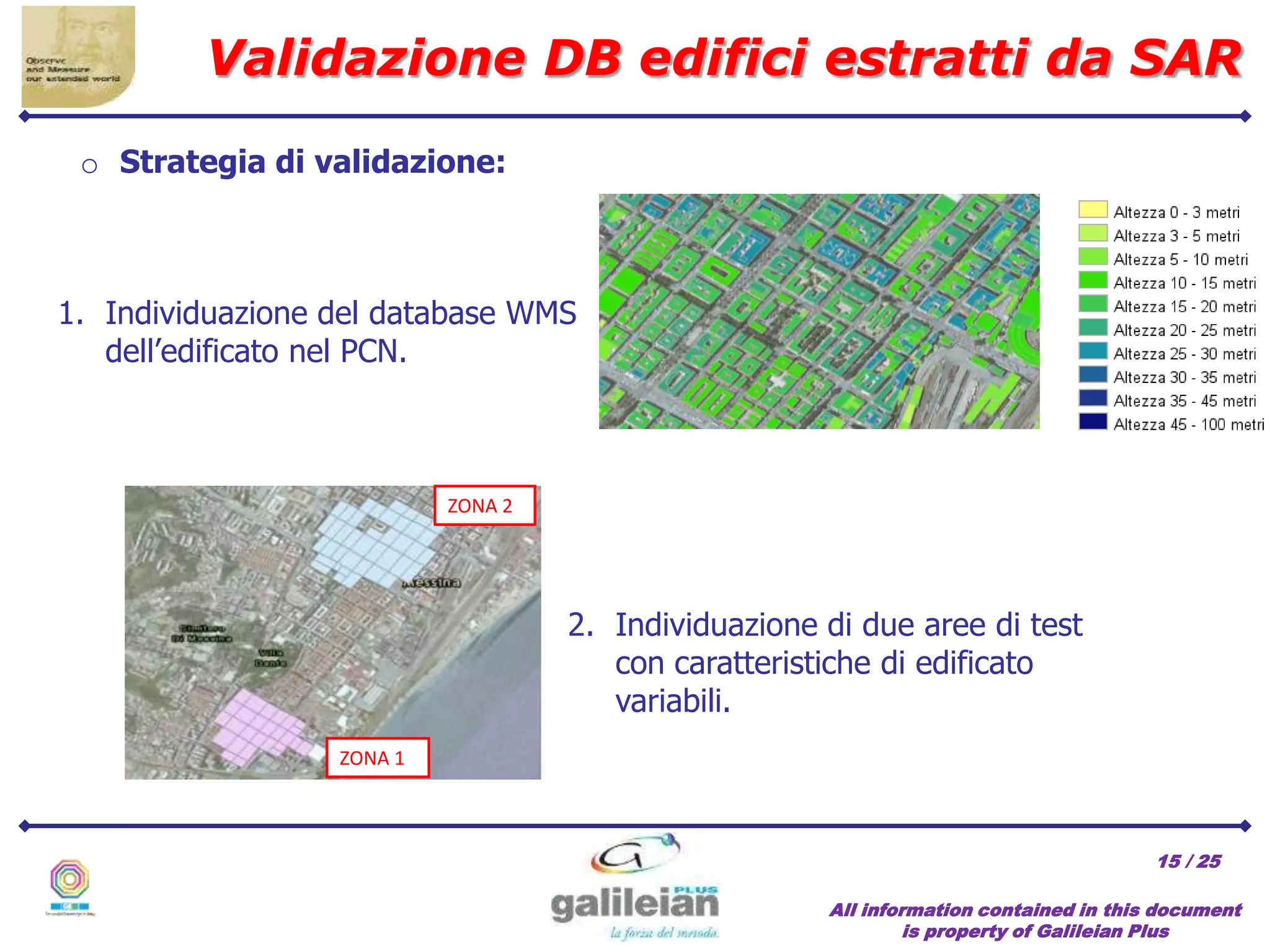 / 25
Validazione DB edifici estratti da SAR
All information contained in this document
is property of Galileian Plus
15
o Strategia di validazione:
1. Individuazione del database WMS
dell’edificato nel PCN.
2. Individuazione di due aree di test
con caratteristiche di edificato
variabili.
ZONA 2
ZONA 1
 
