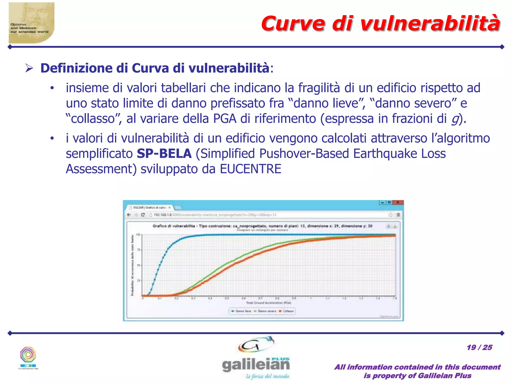 / 25
All information contained in this document
is property of Galileian Plus
19
 Definizione di Curva di vulnerabilità:
• insieme di valori tabellari che indicano la fragilità di un edificio rispetto ad
uno stato limite di danno prefissato fra “danno lieve”, “danno severo” e
“collasso”, al variare della PGA di riferimento (espressa in frazioni di g).
• i valori di vulnerabilità di un edificio vengono calcolati attraverso l’algoritmo
semplificato SP-BELA (Simplified Pushover-Based Earthquake Loss
Assessment) sviluppato da EUCENTRE
Curve di vulnerabilità
 