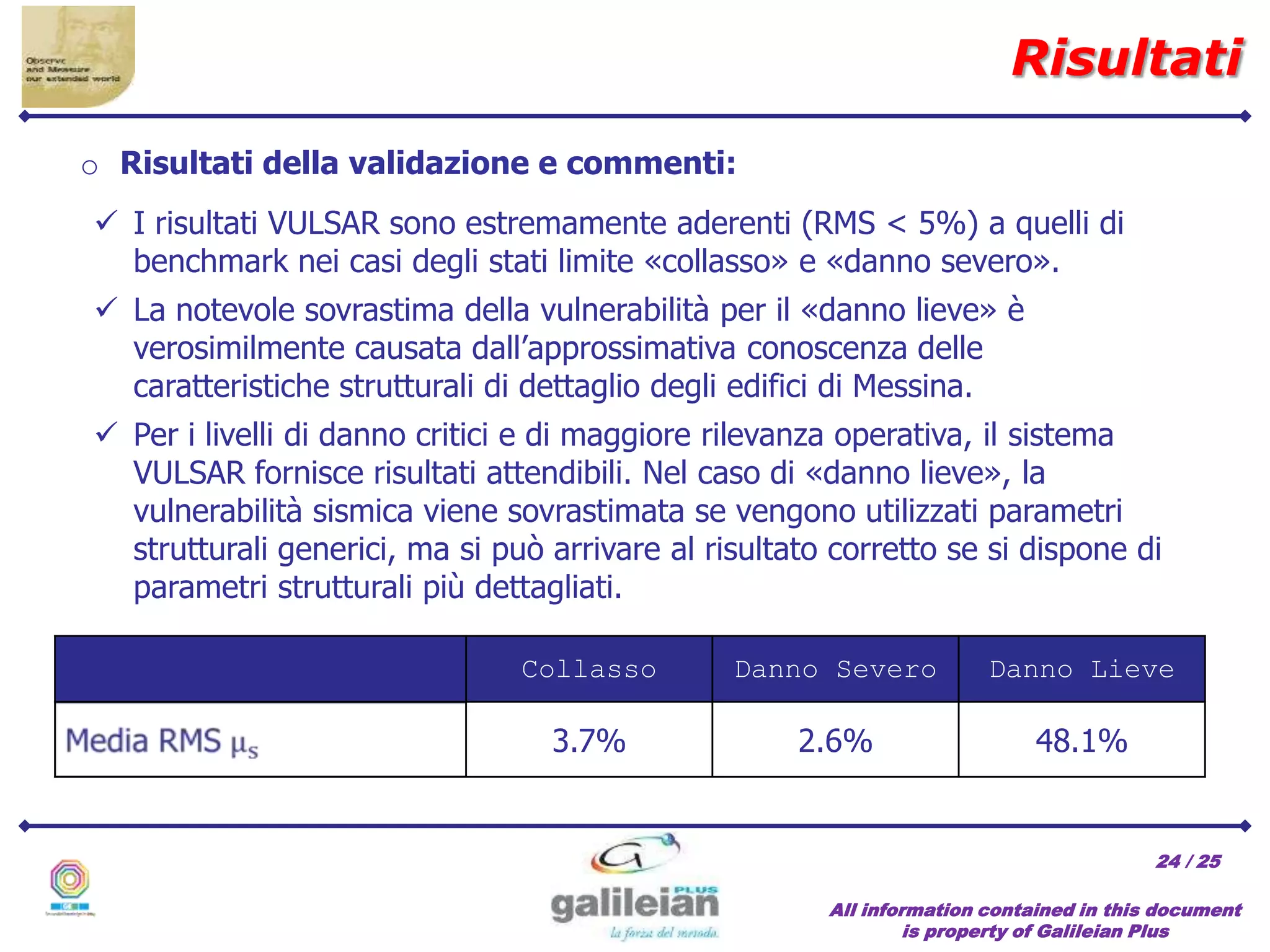 / 25
All information contained in this document
is property of Galileian Plus
24
 I risultati VULSAR sono estremamente aderenti (RMS < 5%) a quelli di
benchmark nei casi degli stati limite «collasso» e «danno severo».
 La notevole sovrastima della vulnerabilità per il «danno lieve» è
verosimilmente causata dall’approssimativa conoscenza delle
caratteristiche strutturali di dettaglio degli edifici di Messina.
 Per i livelli di danno critici e di maggiore rilevanza operativa, il sistema
VULSAR fornisce risultati attendibili. Nel caso di «danno lieve», la
vulnerabilità sismica viene sovrastimata se vengono utilizzati parametri
strutturali generici, ma si può arrivare al risultato corretto se si dispone di
parametri strutturali più dettagliati.
o Risultati della validazione e commenti:
Collasso Danno Severo Danno Lieve
3.7% 2.6% 48.1%
Risultati
 