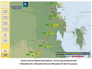 Aramco 56 inch Natural Gas Pipeline, 147 km long monitored with
1 WaveAlert D4, 2 WaveAlert D2 and 4 WaveAlert S1 Site Processors.
 