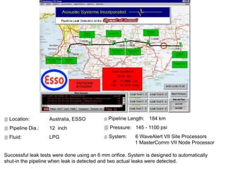  Location: Australia, ESSO
 Pipeline Dia.: 12 inch
 Fluid: LPG
Successful leak tests were done using an 6 mm orifice. System is designed to automatically
shut-in the pipeline when leak is detected and two actual leaks were detected.
 Pipeline Length: 184 km
 Pressure: 145 - 1100 psi
 System: 6 WaveAlert VII Site Processors
1 MasterComm VII Node Processor
 