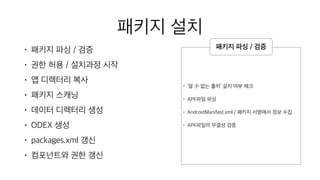 패키지 설치
• 패키지 파싱 / 검증
• 권한 허용 / 설치과정 시작
• 앱 디렉터리 복사
• 패키지 스캐닝
• 데이터 디렉터리 생성
• ODEX 생성
• packages.xml 갱신
• 컴포넌트와 권한 갱신
• ‘알 수 없는 출처’ 설치 여부 체크
• APK파일 파싱
• AndroidManifest.xml / 패키지 서명에서 정보 수집
• APK파일의 무결성 검증
패키지 파싱 / 검증
 