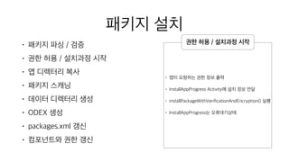 패키지 설치
• 패키지 파싱 / 검증
• 권한 허용 / 설치과정 시작
• 앱 디렉터리 복사
• 패키지 스캐닝
• 데이터 디렉터리 생성
• ODEX 생성
• packages.xml 갱신
• 컴포넌트와 권한 갱신
• 앱이 요청하는 권한 정보 출력
• InstallAppProgress Activity에 설치 정보 전달
• installPackageWithVerificationAndEncryption() 실행
• InstallAppProgress는 오류대기상태
권한 허용 / 설치과정 시작
 