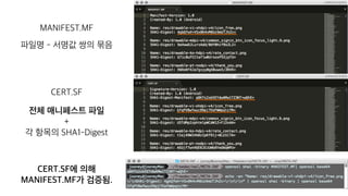 MANIFEST.MF
파일명 - 서명값 쌍의 묶음
CERT.SF
전체 매니페스트 파일
+
각 항목의 SHA1-Digest
CERT.SF에 의해
MANIFEST.MF가 검증됨.
 