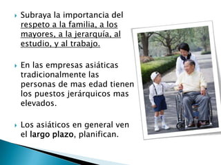 Subraya la importancia del respeto a la familia, a los mayores, a la jerarquía, al estudio, y al trabajo.En las empresas asiáticas tradicionalmente las personas de mas edad tienen los puestos jerárquicos mas elevados.Los asiáticos en general ven el largo plazo, planifican.