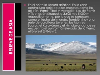    En el norte la llanura asiática. En la zona
    central una serie de altas mesetas como las
    de Irán, Pamir, Tíbet y Mongolia. Las de Pamir
    y Tibet están situadas a 3.600 m y 5.000 m
    respectivamente, por lo que se conocen
    como el techo del mundo. También hay una
    serie de cordilleras jóvenes: los Montes
    Zagros, el Karakórum y el Himalaya, donde se
    encuentra el punto más elevado de la Tierra:
    el Everest (8.848 m).
 
