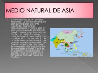    El litoral asiático es, en general,
    articulado. La costa siberiana, en
    plena zona polar, bastante
    recortada, permanece
    bloqueada por el hielo, y sólo en
    julio y Agosto puede ser utilizada
    para la navegación. La costa del
    Pacífico es particularmente
    notable: Su perfil característico se
    ha originado a consecuencia de
    un fenómeno de hundimiento de
    grandes masas continentales, del
    que son muestra, de una parte,
    las numerosas islas dispuestas en
    guirnalda por el litoral, y de otra,
    los aparatos volcánicos que lo
    jalonan y que se integran en el
    llamado cinturón de fuego del
    Pacífico.
 