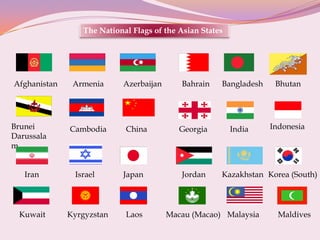 The National Flags of the Asian States
Afghanistan Armenia Azerbaijan Bahrain Bangladesh Bhutan
Brunei
Darussala
m
Cambodia China Georgia India Indonesia
Iran Israel Japan Jordan Kazakhstan Korea (South)
Kuwait Kyrgyzstan Laos Macau (Macao) Malaysia Maldives
 