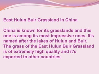 East Hulun Buir Grassland in China
China is known for its grasslands and this
one is among its most impressive ones. It's
named after the lakes of Hulun and Buir.
The grass of the East Hulun Buir Grassland
is of extremely high quality and it's
exported to other countries.
 