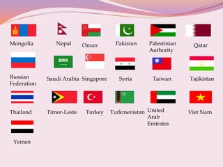 Mongolia Nepal Oman Pakistan Palestinian
Authority
Qatar
Russian
Federation
Saudi Arabia Singapore Syria Taiwan Tajikistan
Thailand Timor-Leste Turkey Turkmenistan United
Arab
Emirates
Viet Nam
Yemen
 