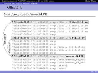 Exploiting Linux and PaX ASLR’s weaknesses on 32- and 64-bit systems Hector Marco
Exploiting the Correlation weakness: oﬀset2lib
Oﬀset2lib
$ cat /proc/<pid>/server 64 PIE
7fd1b414f000-7fd1b430a000 r-xp /lib/.../libc-2.19.so
7fd1b430a000-7fd1b450a000 ---p /lib/.../libc-2.19.so
7fd1b450a000-7fd1b450e000 r--p /lib/.../libc-2.19.so
7fd1b450e000-7fd1b4510000 rw-p /lib/.../libc-2.19.so
7fd1b4510000-7fd1b4515000 rw-p
7fd1b4515000-7fd1b4538000 r-xp /lib/.../ld-2.19.so
7fd1b4718000-7fd1b471b000 rw-p
7fd1b4734000-7fd1b4737000 rw-p
7fd1b4737000-7fd1b4738000 r--p /lib/.../ld-2.19.so
7fd1b4738000-7fd1b4739000 rw-p /lib/.../ld-2.19.so
7fd1b4739000-7fd1b473a000 rw-p
7fd1b473a000-7fd1b473c000 r-xp /root/server 64 PIE
7fd1b493b000-7fd1b493c000 r--p /root/server_64_PIE
7fd1b493c000-7fd1b493d000 rw-p /root/server_64_PIE
7fff981fa000-7fff9821b000 rw-p [stack]
7fff983fe000-7fff98400000 r-xp [vdso]
0x5eb000
0x225000
15 / 42
 
