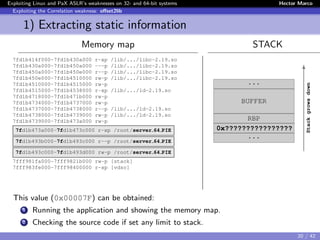 Exploiting Linux and PaX ASLR’s weaknesses on 32- and 64-bit systems Hector Marco
Exploiting the Correlation weakness: oﬀset2lib
1) Extracting static information
Memory map STACK
7fd1b414f000-7fd1b430a000 r-xp /lib/.../libc-2.19.so
7fd1b430a000-7fd1b450a000 ---p /lib/.../libc-2.19.so
7fd1b450a000-7fd1b450e000 r--p /lib/.../libc-2.19.so
7fd1b450e000-7fd1b4510000 rw-p /lib/.../libc-2.19.so
7fd1b4510000-7fd1b4515000 rw-p
7fd1b4515000-7fd1b4538000 r-xp /lib/.../ld-2.19.so
7fd1b4718000-7fd1b471b000 rw-p
7fd1b4734000-7fd1b4737000 rw-p
7fd1b4737000-7fd1b4738000 r--p /lib/.../ld-2.19.so
7fd1b4738000-7fd1b4739000 rw-p /lib/.../ld-2.19.so
7fd1b4739000-7fd1b473a000 rw-p
7fd1b473a000-7fd1b473c000 r-xp /root/server 64 PIE
7fd1b493b000-7fd1b493c000 r--p /root/server 64 PIE
7fd1b493c000-7fd1b493d000 rw-p /root/server 64 PIE
7fff981fa000-7fff9821b000 rw-p [stack]
7fff983fe000-7fff98400000 r-xp [vdso]
...
BUFFER
RBP
0x????????????????
...
Stackgrowsdown
This value (0x00007F) can be obtained:
1 Running the application and showing the memory map.
2 Checking the source code if set any limit to stack.
20 / 42
 