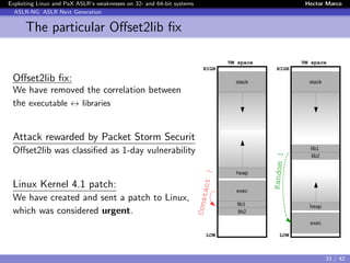Exploiting Linux and PaX ASLR’s weaknesses on 32- and 64-bit systems Hector Marco
ASLR-NG: ASLR Next Generation
The particular Oﬀset2lib ﬁx
Oﬀset2lib ﬁx:
We have removed the correlation between
the executable ↔ libraries
Attack rewarded by Packet Storm Security:
Oﬀset2lib was classiﬁed as 1-day vulnerability
Linux Kernel 4.1 patch:
We have created and sent a patch to Linux,
which was considered urgent.
stack
lib1
lib2
exec
heap
LOW
HIGH
VM space
FlowredirectConstant !
stack
lib1
lib2
exec
heap
LOW
HIGH
VM space
Flowredirect
Random !
33 / 42
 