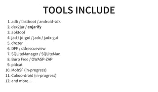TOOLS INCLUDE
1. adb / fastboot / android-sdk
2. dex2jar / enjarify
3. apktool
4. jad / jd-gui / jadx / jadx-gui
5. drozer...