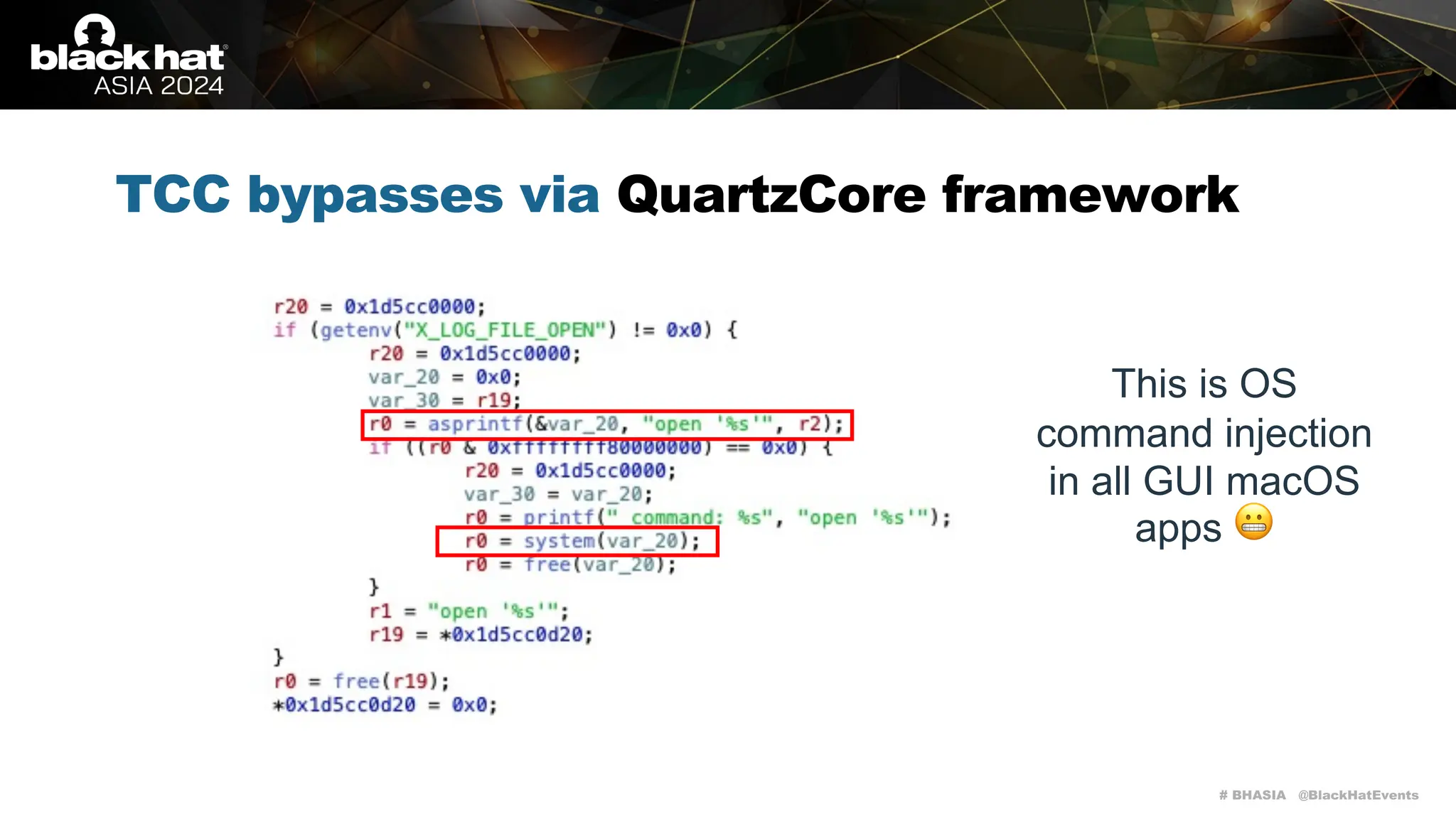 # BHASIA @BlackHatEvents
TCC bypasses via QuartzCore framework
This is OS
command injection
in all GUI macOS
apps 😬
 