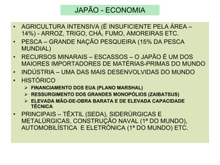 JAPÃO - ECONOMIA AGRICULTURA INTENSIVA (É INSUFICIENTE PELA ÁREA – 14%) - ARROZ, TRIGO, CHÁ, FUMO, AMOREIRAS ETC. PESCA – GRANDE NAÇÃO PESQUEIRA (15% DA PESCA MUNDIAL) RECURSOS MINARAIS – ESCASSOS – O JAPÃO É UM DOS MAIORES IMPORTADORES DE MATÉRIAS-PRIMAS DO MUNDO INDÚSTRIA – UMA DAS MAIS DESENVOLVIDAS DO MUNDO HISTÓRICO  FINANCIAMENTO DOS EUA (PLANO MARSHAL) RESSURGIMENTO DOS GRANDES MONOPÓLIOS (ZAIBATSUS) ELEVADA MÃO-DE-OBRA BARATA E DE ELEVADA CAPACIDADE TÉCNICA PRINCIPAIS – TÊXTIL (SEDA), SIDERÚRGICAS E METALÚRGICAS, CONSTRUÇÃO NAVAL (1ª DO MUNDO), AUTOMOBILÍSTICA  E ELETRÓNICA (1ª DO MUNDO) ETC. 