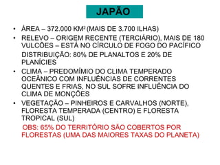JAPÃO  ÁREA – 372.000 KM 2  (MAIS DE 3.700 ILHAS) RELEVO – ORIGEM RECENTE (TERCIÁRIO), MAIS DE 180 VULCÕES – ESTÁ NO CÍRCULO DE FOGO DO PACÍFICO DISTRIBUIÇÃO: 80% DE PLANALTOS E 20% DE PLANÍCIES CLIMA – PREDOMÍMIO DO CLIMA TEMPERADO OCEÂNICO COM INFLUÊNCIAS DE CORRENTES QUENTES E FRIAS, NO SUL SOFRE INFLUÊNCIA DO CLIMA DE MONÇÕES VEGETAÇÃO – PINHEIROS E CARVALHOS (NORTE), FLORESTA TEMPERADA (CENTRO) E FLORESTA TROPICAL (SUL) OBS: 65% DO TERRITÓRIO SÃO COBERTOS POR FLORESTAS (UMA DAS MAIORES TAXAS DO PLANETA) 