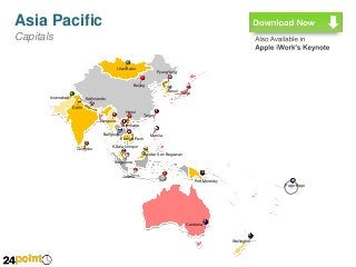 Asia Pacific
Capitals
Ulan Bator
PyongYang
Beijing
Seoul Tokyo
Islamabad

Kathmandu
Delhi
Hanoi

Taipei

Rangoon
Vientiane
Bangkok
Phnom Penh
Colombo

Manila

Kuala Lumpur
Bandar Seri Begawan
Singapore

Jakarta

Dili

Port Moresby
Pago Pago

Canberra

Wellington

 