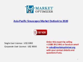 Asia-Pacific Sinuscopes Market Outlook to 2020 
Single User License : US$ 3000 
Corporate User License : US$ 9000 
Order this report by calling 
+1 888 391 5441 or Send an email 
to sales@marketoptimizer.org 
with your contact details and 
questions if any. 
1 
 