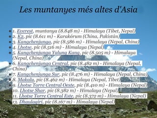 Les muntanyes més altes d'Asia

● 1. Everest, muntanya (8.848 m) - Himalaya (Tibet, Nepal)
● 2. K2, pic (8.611 m) - Karakórum (China, Pakistán)
● 3. Kangchenjunga, pic (8.586 m) - Himalaya (Nepal, China)
● 4. Lhotse, pic (8.516 m) - Himalaya (Nepal)
● 5. Kangchenjunga Yalung Kang, pic (8.505 m) - Himalaya
  (Nepal, China)
● 6. Kangchenjunga Central, pic (8.482 m) - Himalaya (Nepal,
  China)
● 7. Kangchenjunga Sur, pic (8.476 m) - Himalaya (Nepal, China)
● 8. Makalu, pic (8.462 m) - Himalaya (Nepal, Tíbet)
● 9. Lhotse Torre Central Oeste, pic (8.410 m) - Himalaya (Nepal)
● 10. Lhotse Shar, pic (8.382 m) - Himalaya (Nepal)
● 11. Lhotse Torre Central Este, pic (8.372 m) - Himalaya (Nepal)
  13. Dhaulagiri, pic (8.167 m) - Himalaya (Nepal)
 