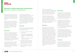 26 27
THE ASIA VIDEO INDUSTRY REPORT 2023
MEASURES TO COMBAT ONLINE PIRACY IN ASIA PACIFIC:
RECENT DEVELOPMENTS
Notwithstanding the increased volume
of legitimate content available through
Over-The-Top (OTT) streaming services,
the prevalence of online piracy remains
a huge threat to content rights holders
globally.
Against the surge in consumption of
illegal content, countries across the Asia
Pacific region (APAC) have recognised
the importance of using their legal
and regulatory frameworks to combat
online piracy. This article provides a
brief overview of the recent regional
developments.
1.
SINGAPORE
In response to feedback regarding the
difficulty of using previous legislation
to enforce their rights against sellers of
hardware devices, software applications
and services that facilitate access to
unauthorised content, the Singapore
Copyright Act 2021 now imposes civil and
criminal liability on commercial dealers of
such devices and services.
The new provisions are technologically
neutral and broad enough to cover
other types of content such as books
and songs, and other methods such as
offering of services to install applications
on existing hardware.
The change targets people who
commercially profit off hardware, software
and services that only have a limited
commercially significant purpose or use,
other than to facilitate access to copyright
works communicated to the public without
the authority of copyright owners. They
do not impose liability on consumers and
users of the hardware devices, software
applications or services.
2.
MALAYSIA
The Malaysia Copyright (Amendment) Act
2022, effective since 18 March 2022, has
created new offences for:
a. Committing or facilitating copyright
infringement by:
• manufacturing, importing, selling,
letting for hire, distributing and/or
offering any streaming technology;
and/or
• offering or providing any service of
streaming technology;
b. Intentionally causing any evidence
in relation to the commission of an
offence to disappear, or knowingly
giving false information; and/or
c. Sharing infringing access to online
location of any works or copies of
works online.
The new Act also strengthens
enforcement powers for copyright-related
offences, now allowing search and seizure
of any infringing copy by the Assistant
Controller or police, even without any
application by the copyright owner.
The Assistant Controller can also
now direct the copyright owner (or
an authorised person) to make a test
purchase of any goods to determine
whether the new Act has been complied
with; and to direct the provision of
information or document in the course of
an investigation under the Act.
3.
INDONESIA
Although there has been no further
amendment made to the Indonesia
Copyright Act after its enactment in
2014 and the Information and Electronic
Transaction Act after its last revision in
2016, Indonesia has seen a significant
75% reduction in traffic to pirate sites as
of January 2022, since site-blocking began
in mid-2019. As of April 2022, more than
3,500 domain names have been added
to the local blacklist.However, in 2022
Special 301 Report of the United States
Trade Representative, Indonesia is still
included in the Priority Watch List, as
rights owners continue to report notable
levels of piracy through illicit streaming
devices (ISDs) and illicit Internet Protocol
Television (IPTV), as well as unauthorized
camcording and unlicensed use of
software.
4.
PHILIPPINES
The Philippine Online Infringement Bill,
first proposed in 2019, is still pending
approval. If enacted, this will enable the
Philippines Intellectual Property Office
to revoke licenses of Internet Service
Providers (ISPs) that allow pirate websites
to circulate unauthorised content.
The Philippines has also joined the
growing list of countries to implement
site-blocking measures (albeit without
oversight from the Courts in this
case). The voluntary agreement saw
the Philippines IPO, the National
Telecommunications Commission and the
country’s ISPs collaborate to block pirates
in a streamlined fashion.
These developments are significant
since the local level of piracy has recently
overtaken that of Malaysia and Indonesia.
In 2022 alone, 61% of consumers admitted
to accessing pirated content, an increase
from 49% in 2020.Amongst those who
frequent pirate sites, 47% have cancelled
their subscriptions to legitimate local and
international content services.
5.
THAILAND
The Thai Copyright Act (No. 5) B.E. 2565
2022, effective from 23 August 2022,
provides for a new takedown procedure
that allows copyright owners to use a
takedown notice (instead of a Court
order) to start the takedown process.
PIRACY
IN
ASIA
 