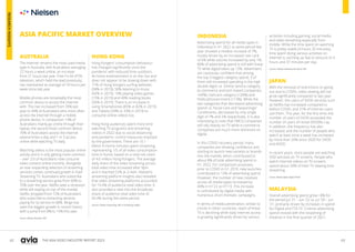 62 63
THE ASIA VIDEO INDUSTRY REPORT 2023
ASIA PACIFIC MARKET OVERVIEW
AUSTRALIA
The Internet remains the most used media
type in Australia, with Australians averaging
22 hours a week online, an increase
from 21 hours last year. Free-To-Air (FTA)
television, which held the lead previously,
has maintained an average of 18 hours per
week since last year.
Mobile phones are remarkably the most
common device to access the internet
with. This has increased from 39% last
year to 44% of Australians who most often
access the internet through a mobile
phone device. In comparison 14% of
Australians mainly go online through their
laptop, the second most common device.
70% of Australians access the internet
several times a day and 1 in 3 access
online while watching TV daily.
Watching videos is the most popular online
activity and it is only getting more common
– over 2/3 of Australians now consume
video content online monthly. Alongside
an ever expanding selection of streaming
services comes continued growth in Paid
Streaming TV. Australians who subscribe
to a streaming service grew from 60% to
70% over the year. Netflix sees a recession
while still staying on top of the market.
Netflix dropped from 72% of Australians
who subscribe to streaming services
paying for its service to 68%. Binge has
seen the biggest growth in recent history
with a jump from 8% to 15% this year.
Source: Nielsen Australia CMV
HONG KONG
Hong Kongers’ consumption behaviour
has changed significantly since the
pandemic with reduced time outdoors.
At-home entertainment is on the rise and
does not appear to be slowing down with
71% of Hong Kongers surfing websites
(58% in 2019), 50% listening to music
(42% in 2019), 19% playing video games
(15% in 2019) and 40% reading books
(36% in 2019). There is an increase in
using Smartphones (85% vs 82% in 2019)
and Tablets (39% vs 33% in 2019) to
consume online videos too.
Hong Kong audiences spent more time
watching TV programs and streaming
videos in 2022 due to social distancing
and pandemic control measures imposed
by the government. There are 10.1
billion in-home minutes spent streaming,
representing 1/5 of all video consumption
time in-home, based on a total net reach
of 4.6 million Hong Kongers. The average
daily share of the video streaming across
total video time increased after 9pm
and it reached 52% at 3-4am. Nielsen’s
streaming platform insights also revealed
that video streaming platforms accounted
for 19.4% of audience total video time. It
also provided a view into the broadcast
share of audience total video time of
65.4% during the same period.
Sources: Nielsen Hong Kong CMV, & Streaming Insight
INDONESIA
Advertising spend for all media types in
Indonesia in H1 2022 vs same period last
year showed a modest increase of 7%,
mostly driven by an increased rate card
of 6% while volume increased by only 1%.
80% of advertising spend is still with linear
TV while digital takes up 15%. Advertisers
are cautiously confident that among
the top 5 biggest category spend, 3 of
them still increased spending in the high
double digits i.e. Online Service category
(e-commerce and tech based companies,
+69%), Haircare category (+20%) and
Political/Government (+13%). While the
two categories that decreased advertising
spend i.e. Facial Care and Seasonings/
Condiments, decreased by only single
digit of 7% and 2% respectively. It is also
interesting to note that FMCG companies
still rely heavily on TV while e-commerce
companies are much more dominant on
digital.
In this COVID recovery period, many
companies are showing confidence and
starting to launch new variants or brands
into the market, which contributed to
about 8% of total advertising spend in
H1 2022. For comparison purposes,
prior to COVID in H1 2019, new launches
contributed to 12% of advertising spend.
However, the number of new creatives
across all media types increased by
40% in H1’22 vs H1’19. This increase
is contributed by digital media with
numerous short thematic campaigns.
In terms of media penetration, similar to
trends in other countries, reach of linear
TV is declining while daily internet access
is growing significantly driven by various
activities including gaming, social media
and video streaming especially from
mobile. While the time spent on watching
TV is pretty stable (4 hours 35 minutes),
time spent doing various activities on
internet is catching up fast to amount to 4
hours and 37 minutes per day.
Sources: Nielsen Indonesia Ad Intel & CMV
JAPAN
With the removal of restrictions on going
out due to COVID, video viewing did not
grow significantly compared to last year.
However, the users of SVOD services such
as Netflix has increased compared to
before COVID, and 31% of Internet users
use them. This year, for the first time, the
number of users of SVOD exceeded the
number of users of rental DVD/Blu-ray.
In addition, the frequency has also
increased, and the number of people who
watch at least once a week has increased
by more than 20% since 2020 for SVOD
and AVOD.
In recent years, more people are watching
VOD services on TV screens. People who
watch Internet videos on TV screens
spend about 30% of their TV viewing time
streaming.
Source: Nielsen Japan Digital Panel
MALAYSIA
Overall advertising spend grew +8% for
the period Jul '21 – Jun '22 vs. Jul '20 – Jun
'21, primarily driven by increases in spend
for Digital and FTA TV. Cinema advertising
spend revived with the reopening of
theatres in the final quarter of 2021,
RESEARCH
INSIGHTS
 