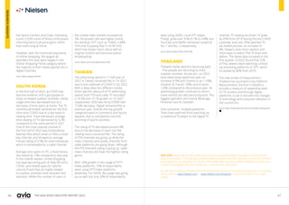 66 67
THE ASIA VIDEO INDUSTRY REPORT 2023
the Sports Centers and Clubs; indicating
a post COVID trend of fitness enthusiasts
returning back to physical gyms rather
than exercising at home.
However, with the continued popularity
of online shopping, the largest ad
spenders this year were largely in the
Online Shopping Portal category where
the majority of their media spends are in
digital channels.
Source: Nielsen Singapore Ad Intel
SOUTH KOREA
In the first half of 2022, as COVID has
become endemic and it got people to
enjoy increased outdoor activities, media
usage time also decreased due to a
decrease of time spent at home. The TV
commercial market declined for the first
time since COVID due to a decrease in
viewing time. Total individual's average
time viewing on TV decreased by 5.2%
compared to the same period in 2021.
One of the most popular dramas in
the first half of 2022 was Extraordinary
Attorney Woo which aired on ENA, a small
pay channel, and showed an average
minute rating of 5.9% for total individuals,
which is remarkable for a cable channel.
Average time spent on PC, a fixed device,
decreased by 13% compared to last year.
In the mobile market, Online Shopping
has kept becoming part of daily life since
COVID, and mobile apps for Sports/
Leisure/Travel that are highly related
to outdoor activities have received new
attention. While the number of users in
the mobile video market increased by
3%, the growth rate was higher mainly
for domestic OTT such as 'TVING' (+68%
YoY) and 'Coupang Play' (+161% YoY),
which has drawn more notice with its
original content and exclusive sports
broadcasting.
Source: Nielsen South Korea Mobile Panel & TAM
TAIWAN
The advertising spend in 1st
half year of
2022 in Taiwan remained flat vs 1H 2021,
due to the outbreak of COVID in Q2 2022.
With a deep dive into different media,
there saw the rebound of TV advertising
spend; both FTA and cable TV recorded
a +8.5% and +5.1% growth vs 1H 2021
respectively. OOH was hit by COVID with
15.8% decrease. Digital remained flat vs
previous year. Overall, the top growth
categories were e-Commerce and Sports
Apparel, due to competition and the
booming of sports activities.
The rating of TV decreased around 4%
due to the decrease of reach but the
viewing hours remained flat. The rating
of FTA channels are going up while the
news channels and variety channels from
cable platforms are going down. Although
the FTA channels rating is going up, cable
news channels still have the highest rating
genre.
With 10% growth in the usage of OTT/
Video platforms, 74% of respondents
were using OTT/Video platforms
yesterday. For SVOD, the usage was going
up as well, but only 20% of respondents
were using SVOD. Local OTT player,
‘Friday’, grew over 55% (3.1% to 4.8%), but
YouTube and Netflix remained ranked at
No. 1 and No. 2 respectively.
Source: Nielsen Taiwan Ad Intel, CMV & TAM
THAILAND
Thailand media spend is bouncing back
- Thai people are returning to more
outdoor activities. Across Jan - Jul 2022
total advertising spend has seen an
increase of 9% and Cinema is up +128%,
Outdoor & Transit +28%, and In-store
+29% compared to the previous year. As
advertising growth continues to return,
many sectors are also bouncing back. The
biggest spenders are Food & Beverage,
Personal Care & Cosmetic.
One consumer, multiple platforms -
Thais have switched from watching via
a traditional TV player to the digital TV
channel. TV viewing via Smart TV grew
by 45% from 2019 during the pre-COVID
outbreak, and over 45% watched TV
via mobile phones, an increase of
8%. Viewers have more options and
more ways to watch Thai TV than ever
before. The latest data surveyed in the
first quarter of 2022 found that 52%
of Thai viewers were watching content
via streaming platforms or OTT, which
increased by 80% from 2019.
The new model of measurement -
Thailand has launched Cross Platform
Measurement, the first in ASEAN to
provide a measure of viewership both
on TV screens and through digital
platforms, to be in line with the changes
in technology and consumer behavior in
the current era.
Source: Nielsen Thailand Ad Intel, CMV & Cross Platform Measurement

NIELSEN shapes the world’s media and content as a global leader in audience measurement,
data and analytics. Through our understanding of people and their behaviors across all channels
and platforms, we empower our clients with independent and actionable intelligence so they can
connect and engage with their audiences—now and into the future.
An S&P 500 company, Nielsen (NYSE: NLSN) operates around the world in more than 55 countries.
Learn more at www.nielsen.com or www.nielsen.com/investors and connect with us on social
media.
RESEARCH
INSIGHTS
 