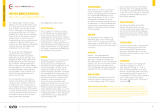 70 71
THE ASIA VIDEO INDUSTRY REPORT 2023
HOME BROADBAND
HELPS SUSTAIN PAY TV
The traditional pay TV industry retains
significance in much of Asia Pacific, driven
by a combination of reach and revenue
scale. However, new customer growth
remains challenging in most geographies
though for the most part, cord cutting
peaked in 2019-2020. A cost recalibration
continues across the industry in several
markets, driven by: (1) The impact of
foreign exchange currency pressures with
a very strong USD; and (2) Pressure on
customer and ARPU growth amidst weaker
consumer demand, high inflation and
competition from online video.
The secular growth of high-speed
broadband in the home, driven in
most instances by fiber deployment
led by telcos, is positive for video. Such
deployment often comes in the form of
bundled broadband, online video and
pay TV services, helping to keep pay TV
afloat in many instances. Telcos offering
home broadband, IPTV and VOD, continue
to benefit the most in terms of growth
and profitability. There continues to be
demand for local entertainment and
sports linear channels.
Pay TV penetration remains robust in
markets such as Korea, the Philippines,
Taiwan and India. Growth continues to
be under pressure in markets such as
Australia, Japan, Malaysia, Singapore and
Thailand; while cord cutting has peaked in
a number of these markets, post pandemic
consumer demand remains uneven and
customers continue to churn or trade
down to lower ARPU packages.
Key highlights by market include:
AUSTRALIA
Pay TV customers continue to contract
by 150-200,000 per year though ARPUs
remain attractive at a monthly US$60.
Leading operator Foxtel retains important
sports rights (i.e. AFL, NRL) which continues
to help sustain the shelf life of pay TV.
Foxtel’s growth is increasingly driven by its
owned & operated streaming services (i.e.
Binge, Kayo) and those it has aggregated
(i.e. Disney+, Prime Video and Netflix) into
next generation set top boxes.
INDIA
India’s pay TV industry remained resilient
during the pandemic. However, the
introduction of new tariff order (NTO)
amendments and the proliferation of FTA
channels during the pandemic period
capped pay TV ARPU growth while the
number of paying subscribers contracted.
NTO amendments recommended by the
regulator TRAI in January 2020, including
a downward revision in channel pricing,
capping on bouquet discounts, and a
limit to distributor access fees, have
negatively impacted the economics of all
stakeholders across the pay TV sector.
TRAI has extended the implementation
date to 30th November 2022, even as the
matter remains sub judice. Meanwhile, pay
TV distribution platforms have voluntarily
implemented the access fee guidelines
recommended by TRAI.
INDONESIA
While local free TV reach and demand
remain important for low ARPU DTH
services, DTH pay TV growth and demand
has considerably weakened in recent
years. The economics of pay TV is now
sustained by investment in bundled
broadband and digital video services, led
by players such as Telkom Indihome and
Linknet, which is now owned by Axiata.
Real pay TV penetration remains below
10% in Indonesia.
JAPAN
Pay TV penetration is a steady 26% in
high-ARPU Japan. Churn remains high
across DTH, IPTV remains sub scale and
cable growth is relatively flat in tier 1 cities
though there remains continued growth in
rural areas.
KOREA
Korea is a fully penetrated and
consolidated pay TV market with telcos
dominating through a combination of
IPTV, digital cable, DTH and SVOD services.
Telcos KT, SKT and LGU continue to grow
fixed line services due to gains across
IPTV, with aggregate IPTV revenue growth
expected to come in at 4% during 2022.
MALAYSIA
Demand for pure play pay TV services is
weak with consumer sentiment low. As
a result, the legacy base of DTH satellite
pay TV customers has declined between
2019 and 2022. Encouragingly, demand
for bundles of high-speed broadband, pay
TV and IPTV services has grown, led by new
packages and services offered by Astro
and Telekom Malaysia.
PHILIPPINES
Demand for low-ARPU national DTH
services offered by Cignal and GSat
remains strong due to popular local DTT &
pay channels as well as English-language
entertainment and sports. Cable in Metro
Manila has been weakened by the growth
of SVOD.
THAILAND
Provincial and up-country cable operators
continue to lose subs but telco AIS has
seen considerable IPTV growth due to
aggressive repackaging while True has
benefited from the expansion of its True ID
Android service.
TAIWAN
The pay TV market is contracting, with
subscribers dropping to 6.7 mil. in
2022, down from a peak of 7.1 mil. in
2018. Growing competition from SVOD
services is accelerating cable cord cutting
and eroding the growth momentum of
Chunghwa’s IPTV service. Within traditional
pay TV, cable remains the primary
technology of delivery, with 70% share of
subscribers. 
Media Partners Asia (MPA), established in 2001, is a leading independent provider of
advisory, consulting and research services, focusing on media and telecoms in Asia Pacific
and the Middle East. MPA reports and databases are widely used by industry stakeholders for
business planning and strategy. MPA has been involved in due diligence for M&A activity in APAC
with numerous local and cross border transactions while also operating as an IC (Independent
Consultant) in the IPOs of media and telecoms companies. MPA hosts and operates APOS, the
leading annual summit for Asia’s TMT industry with global impact.
RESEARCH
INSIGHTS
 