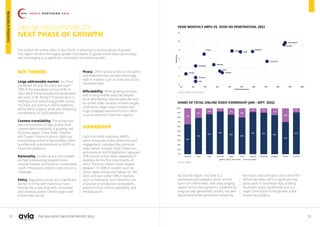 72 73
THE ASIA VIDEO INDUSTRY REPORT 2023
ONLINE VIDEO ENTERS ITS
NEXT PHASE OF GROWTH
KEY THEMES
Large addressable market. Ex-China,
combined 4G and 5G users will reach
78% of the population across APAC in
2022 while home broadband penetration
will reach 31%. Rising CTV penetration is
helping to fuel advertising growth across
YouTube and premium AVOD platforms,
led by BVOD players, while also bolstering
monetization at SVOD platforms.
Content travelability. The production
and consumption of high-quality local
content with travelability is growing, led
by Korea, Japan, China, India, Thailand
and Taiwan. Premium sports rights are
transitioning online in key markets, often
bundled with entertainment on SVOD or
freemium platforms.
Rationality. Growth at any cost models
are fast transitioning towards more
rational models, anchored to monetizable
reach. Inflationary content costs remain a
challenge.
Policy. Regulatory issues are a significant
barrier in China with numerous rules
limiting the scope of growth, innovation
and creativity across China’s large scale
online video sector.
Piracy. Online piracy levels across sports
and entertainment are also alarmingly
high in markets such as India and across
Southeast Asia.
Affordability. While growing incomes
and a rising middle class has helped
drive affordability, monetizable demand
for online video services remains largely
confined to large urban markets with
huge untapped demand in micro ARPU
rural and second / third-tier regions.
VIEWERSHIP
Data from MPA subsidiary AMPD,
which measures online viewership and
engagement, indicates that premium
video, which includes SVOD, freemium
and premium AVOD platforms, captured
35% of total online video viewership in
Australia for the first nine months of
2022. Premium video’s share ranged
between 15-30% in markets such as
China, Japan, Korea and Taiwan for 9M
2022 and was under 10% in markets
such as Indonesia. Such dynamics are
a function of production ecosystems,
premium local content availability and
infrastructure.
Across the region, YouTube is a
prominent and powerful driver of time
spent on online video, with wide-ranging
appeal across demographics, powered by
long-tail user-generated content, but also
key professionally generated categories
like music, kids animation and some FTA.
TikTok has taken off in a significant way
particularly in Southeast Asia, eroding
YouTube’s share significantly and is a
major contributor to the growth of the
streaming category.
The market for online video in Asia Pacific is entering its second phase of growth.
The region remains the largest growth contributor to global online video users today
and is emerging as a significant contributor to revenue growth.
SVOD MONTHLY ARPU VS. SVOD HH PENETRATION, 2022
Source: Media Partners Asia
SHARE OF TOTAL ONLINE VIDEO VIEWERSHIP (JAN - SEPT. 2022)
Source: AMPD
RESEARCH
INSIGHTS
 
