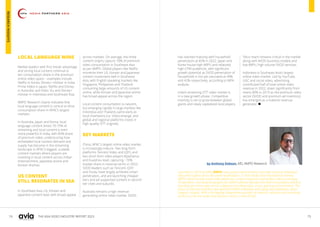 74 75
THE ASIA VIDEO INDUSTRY REPORT 2023
by Anthony Dobson, MD, AMPD Research
LOCAL LANGUAGE WINS
Market leaders with first mover advantage
and strong local content continue to
win consumption share in the premium
online video space – examples include
Netflix in Korea; Disney+ Hotstar in India;
Prime Video in Japan; Netflix and Disney
in Australia; and Vidio, Viu and Disney+
Hotstar in Indonesia and Southeast Asia.
AMPD Research clearly indicates that
local language content is central to drive
consumption share in APAC’s largest
markets.
In Australia, Japan and Korea, local
language content drives 70-75% of
streaming and local content is even
more powerful in India, with 85% share
of premium video, underscoring how
embedded local content demand and
supply has become in the streaming
landscape in APAC’s biggest, scalable
content markets where players are
investing in local content across Indian
entertainment, Japanese anime and
Korean dramas.
US CONTENT
STILL RESONATES IN SEA
In Southeast Asia, US, Korean and
Japanese content lead, with broad appeal
across markets. On average, the three
content origins capture 70% of premium
video consumption in Southeast Asia
as per AMPD. Global players like Netflix
monetize their US, Korean and Japanese
content investment well in Southeast
Asia, with English-speaking markets like
Singapore, Philippines and Thailand
consuming large amounts of US content
online, while Korean and Japanese anime
has broad appeal across the region.
Local content consumption is nascent,
but emerging rapidly in large markets like
Indonesia and Thailand, particularly as
local champions (i.e. Vidio) emerge, and
global and regional platforms invest in
high-quality OTT originals.
KEY MARKETS
China, APAC’s largest online video market,
is increasingly mature. Two long-form
platforms Tencent Video and iQIYI, and
two short-form video players ByteDance
and Kuaishou lead, capturing ~70%
market share in revenue terms in 2022.
SVOD leaders such as Tencent, iQIYI
and Youku have largely achieved urban
penetration, and are launching cheaper
tiers and ad-supported content in second
tier cities and suburbs.
Australia remains a high revenue
generating online video market. SVOD
has reached maturity with household
penetration at 85% in 2022. Japan and
Korea house high-ARPU and relatively
high-CPM audiences, with significant
growth potential as SVOD penetration of
households is not yet saturated at 49%
and 42% respectively, according to MPA
analysis.
India’s streaming OTT video market is
in a new growth phase. Competitive
intensity is set to grow between global
giants and newly capitalized local players.
Telco reach remains critical in the market
along with AVOD business models and
low-ARPU, high volume SVOD services.
Indonesia is Southeast Asia’s largest
online video market. Led by YouTube,
UGC and social video, advertising
contributed half of total online video
revenue in 2022, down significantly from
nearly 80% in 2019 as the premium video
sector (SVOD and premium ad inventory)
has emerged as a material revenue
generator. 
Launched in 2019 by MPA, AMPD uses passive measurement to provide customer behaviour
data and insights across the online landscape in 13 Asia Pacific and international markets.
AMPD clients include online video platforms, content producers and studios, telecom and pay
TV operators, and advertising agencies. AMPD software decrypts title level consumption and first
view data for online apps across categories including video, music, gaming and commerce. The
fusion of title level and first view data with AMPD metadata and supply level databases drives
category insights. MPA is the leading independent provider of research, advisory and consulting
services across the media and telecoms sectors in Asia Pacific.
RESEARCH
INSIGHTS
 