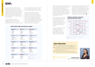 80 81
THE ASIA VIDEO INDUSTRY REPORT 2023
While consumers in parts of APAC are very
price-conscious, they’re value-conscious
before all else. When paying for a
streaming service, content that’s relevant
to their interests and original material
are more important than price. Providers
therefore need to keep delivering quality
entertainment as production costs rise
and preferences shift.
A lack of sports action in 2020
saw it slide down the rankings,
and it hasn’t been able to
reclaim its position just yet.
Meanwhile, the fall for cultural
channels, lifestyle shows, and
soap operas has been even
sharper.
Luckily for consumers, drama,
comedy, and children’s
TV were there to fill in the
gaps. Whether intense or
light-hearted, they allowed
people to escape everyday
reality when times were hard. Even reality
TV offered them a window into a very
different life, unlike lifestyle shows around
gardening and cooking. Clearly, many of
the genres that gained popularity during
lockdowns have held their appeal or
gained some, making them key drivers of
user retention and future growth. 
 Even if subscriber growth drops as inflation rises,
overall usage of online TV will keep edging forward.
 Competition in India will heat up as the country’s
consumers leave an increasingly greater mark on the
region’s streaming sector.
 TV sets will become more relevant to this space,
pushing brands to rethink their advertising strategies.
by Shauna Moran
Senior Trends Analyst, GWI
GWI is the leading audience targeting
company for the global marketing
industry.
FINAL PREDICTIONS
As we anticipated, Netflix is still the
leading subscription service, despite
facing more competition in a number of
countries. Partly because the industry’s
so saturated, few companies have made
significant headway on a regional level
other than Indian platforms VOOT and
ZEE5, though many are chipping away at
certain markets.
In Australia and New Zealand,
engagement with Disney+ has risen
by 19% year-on-year, and it’s the
fastest-growing service in the latter. Apple
TV+ is climbing the quickest in Indonesia
and South Korea, with Amazon Prime
Video speeding ahead in the Philippines.
Various services are likely to pass
significant milestones in upcoming
months, but on the whole, subscriber
growth seems to have slowed down. As
a result, streaming providers are busy
revising their strategic plans. Whether
that’s introducing weekly releases, bundle
offers, or adapting their business model,
we expect many companies to make
tweaks in their bid to stay ahead.
RESEARCH
INSIGHTS
 