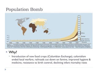Population Bomb
 Why?
 Introduction of new food crops (Columbian Exchange), colonialism
ended local warfare, railroads cut down on famine, improved hygiene &
medicine, resistance to birth control, declining infant mortality rates
 
