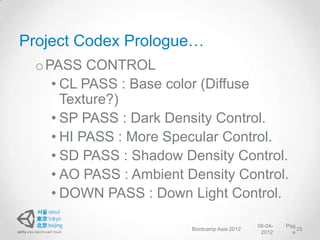 Project Codex Prologue…
 o PASS CONTROL
    • CL PASS : Base color (Diffuse
      Texture?)
    • SP PASS : Dark Density Control.
    • HI PASS : More Specular Control.
    • SD PASS : Shadow Density Control.
    • AO PASS : Ambient Density Control.
    • DOWN PASS : Down Light Control.

                                              08-04-   Pag
                         Bootcamp Asia 2012                25
                                               2012      e
 