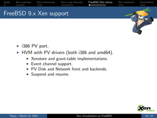 Goals Xen overview Xen community Xen’s new features FreeBSD/Xen status Xen toolstack Conclusions
FreeBSD 9.x Xen support
i386 PV port.
HVM with PV drivers (both i386 and amd64).
Xenstore and grant-table implementations.
Event channel support.
PV Disk and Network front and backends.
Suspend and resume.
Tokyo – March 13, 2015 Xen virtualization on FreeBSD 18 / 33
 