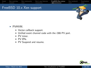 Goals Xen overview Xen community Xen’s new features FreeBSD/Xen status Xen toolstack Conclusions
FreeBSD 10.x Xen support
PVHVM.
Vector callback support.
Uniﬁed event channel code with the i386 PV port.
PV timer.
PV IPIs.
PV Suspend and resume.
Tokyo – March 13, 2015 Xen virtualization on FreeBSD 19 / 33
 
