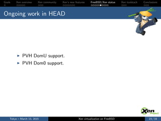 Goals Xen overview Xen community Xen’s new features FreeBSD/Xen status Xen toolstack Conclusions
Ongoing work in HEAD
PVH DomU support.
PVH Dom0 support.
Tokyo – March 13, 2015 Xen virtualization on FreeBSD 23 / 33
 