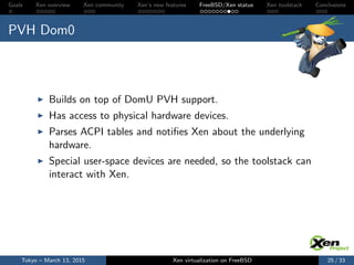 Goals Xen overview Xen community Xen’s new features FreeBSD/Xen status Xen toolstack Conclusions
PVH Dom0
Builds on top of DomU PVH support.
Has access to physical hardware devices.
Parses ACPI tables and notiﬁes Xen about the underlying
hardware.
Special user-space devices are needed, so the toolstack can
interact with Xen.
Tokyo – March 13, 2015 Xen virtualization on FreeBSD 25 / 33
 
