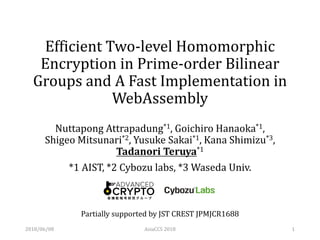Efficient Two-level Homomorphic
Encryption in Prime-order Bilinear
Groups and A Fast Implementation in
WebAssembly
Nuttapong Attrapadung*1, Goichiro Hanaoka*1,
Shigeo Mitsunari*2, Yusuke Sakai*1, Kana Shimizu*3,
Tadanori Teruya*1
*1 AIST, *2 Cybozu labs, *3 Waseda Univ.
Partially supported by JST CREST JPMJCR1688
2018/06/08 AsiaCCS 2018 1
 