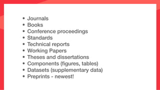 • Journals
• Books
• Conference proceedings
• Standards
• Technical reports
• Working Papers
• Theses and dissertations
• Components (figures, tables)
• Datasets (supplementary data)
• Preprints - newest!
 