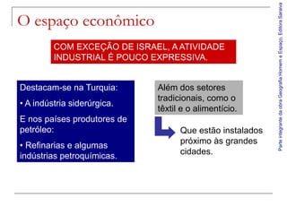 Parte integrante da obra Geografia Homem e Espaço, Editora Saraiva
O espaço econômico
         COM EXCEÇÃO DE ISRAEL, A ATIVIDADE
         INDUSTRIAL É POUCO EXPRESSIVA.


Destacam-se na Turquia:      Além dos setores
                             tradicionais, como o
• A indústria siderúrgica.
                             têxtil e o alimentício.
E nos países produtores de
petróleo:                          Que estão instalados
                                   próximo às grandes
• Refinarias e algumas
                                   cidades.
indústrias petroquímicas.
 