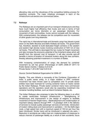 allocating risks and the robustness of the competitive bidding process for
      awarding contracts. The major initiatives envisaged in each of the
      infrastructure sub-sectors are summarized below.


7.2   Railways

      The Railways are an important part of our transport infrastructure and they
      have much higher fuel efficiency than trucks and cars in terms of fuel
      consumption per tonne kilometre or per passenger kilometre. For
      movement of bulk commodities, trucks cannot compete with the railways.
      With containerization, the railways can be competitive even for movement
      of other goods over long distances.

      The rapid rise in international trade and domestic cargo has placed a great
      strain on the Delhi–Mumbai and Delhi–Kolkata rail tracks. The government
      has, therefore, decided to build dedicated freight corridors in the western
      and eastern high density routes involving construction of 7201 km of new
      rail tracks. This will help to decongest the two routes for freight movement
      and also increase the economic potential of the hinterland areas which will
      benefit from the reduced cost of transport. It will also provide spin-off
      benefits in terms of location of industrial clusters along the new corridors,
      thereby attracting potential investment in a number of States.

      With increasing containerization of cargo, the demand for container
      movement by rail has grown (Percentage of GDP) 2006–07 2011–12
      Public Sector (Centre + States) 4.23 6.45
      Private Sector 1.20 2.89 Total 5.43 9.34

      Source: Central Statistical Organization for 2006–07

      Rapidly. This was hitherto a monopoly of the Container Corporation of
      India, a public sector entity. In a major initiative in PPP, container
      movement has been thrown open to competition and 15 private sector
      entities have been licensed for running container trains on tracks owned
      by the Indian Railways. Private sector container trains have commenced
      operations and the operators would also be expanding investment into
      container handling facilities, such as Inland Container Depots, etc.

      The Indian Railways also proposes to take the following steps in an effort
      to create world-class transport infrastructure: • Strengthening of
      infrastructure and improvement in the design of wagons to facilitate
      movement of heavier freight trains. • Redevelopment and modernization of
      important railway stations through PPP. • A paradigm shift in the delivery
      of services to include quality passenger services at terminals, introduction
      of modern rolling stock and improvement in sanitation. • On the Delhi-Agra
      route, a high speed train with a maximum speed of 150 km per hour has
      been introduced. Similar trains will be introduced in selected city pairs. •
      Reduction in accidents per million train km; implementation of measures to
      reduce chances of passenger fatality as a result of train accidents; focus
 