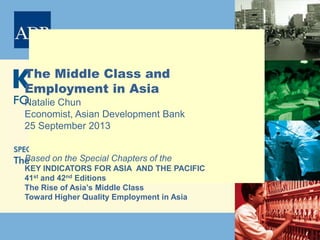 11
The Middle Class and
Employment in Asia
Natalie Chun
Economist, Asian Development Bank
25 September 2013
Based on the Special Chapters of the
KEY INDICATORS FOR ASIA AND THE PACIFIC
41st and 42nd Editions
The Rise of Asia’s Middle Class
Toward Higher Quality Employment in Asia
 