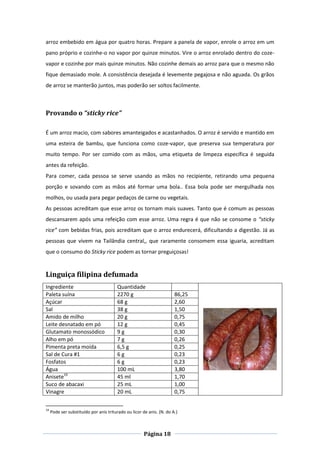 Página 18
arroz embebido em água por quatro horas. Prepare a panela de vapor, enrole o arroz em um
pano próprio e cozinhe-o no vapor por quinze minutos. Vire o arroz enrolado dentro do coze-
vapor e cozinhe por mais quinze minutos. Não cozinhe demais ao arroz para que o mesmo não
fique demasiado mole. A consistência desejada é levemente pegajosa e não aguada. Os grãos
de arroz se manterão juntos, mas poderão ser soltos facilmente.
Provando o “sticky rice”
É um arroz macio, com sabores amanteigados e acastanhados. O arroz é servido e mantido em
uma esteira de bambu, que funciona como coze-vapor, que preserva sua temperatura por
muito tempo. Por ser comido com as mãos, uma etiqueta de limpeza específica é seguida
antes da refeição.
Para comer, cada pessoa se serve usando as mãos no recipiente, retirando uma pequena
porção e sovando com as mãos até formar uma bola.. Essa bola pode ser mergulhada nos
molhos, ou usada para pegar pedaços de carne ou vegetais.
As pessoas acreditam que esse arroz os tornam mais suaves. Tanto que é comum as pessoas
descansarem após uma refeição com esse arroz. Uma regra é que não se consome o “sticky
rice” com bebidas frias, pois acreditam que o arroz endurecerá, dificultando a digestão. Já as
pessoas que vivem na Tailândia central,, que raramente consomem essa iguaria, acreditam
que o consumo do Sticky rice podem as tornar preguiçosas!
Linguiça filipina defumada
Ingrediente Quantidade
Paleta suína 2270 g 86,25
Açúcar 68 g 2,60
Sal 38 g 1,50
Amido de milho 20 g 0,75
Leite desnatado em pó 12 g 0,45
Glutamato monossódico 9 g 0,30
Alho em pó 7 g 0,26
Pimenta preta moída 6,5 g 0,25
Sal de Cura #1 6 g 0,23
Fosfatos 6 g 0,23
Água 100 mL 3,80
Anisete19
45 ml 1,70
Suco de abacaxi 25 mL 1,00
Vinagre 20 mL 0,75
19
Pode ser substituído por anis triturado ou licor de anis. (N. do A.)
 